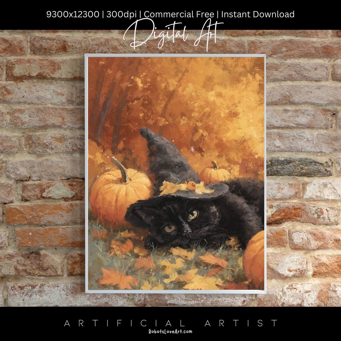 Black Halloween Witch’s Cat | Instant Download | Digital AI Art | Halloween Wall Art | Fall Decor