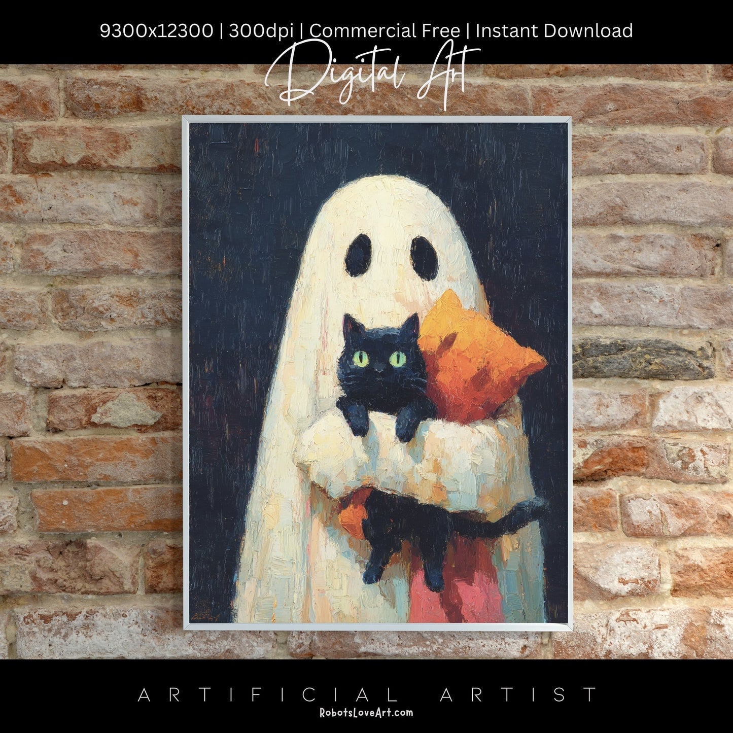Ghost Cat | Instant Download | Digital AI Art | Halloween Wall Art | Cute Halloween