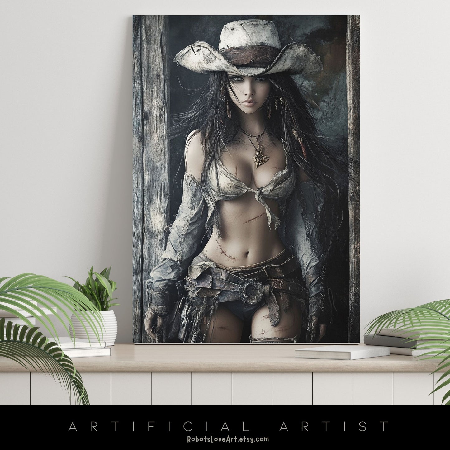 Ready to Draw Girl | Instant Download | Fantasy Digital AI Art | Hot Cowgirl