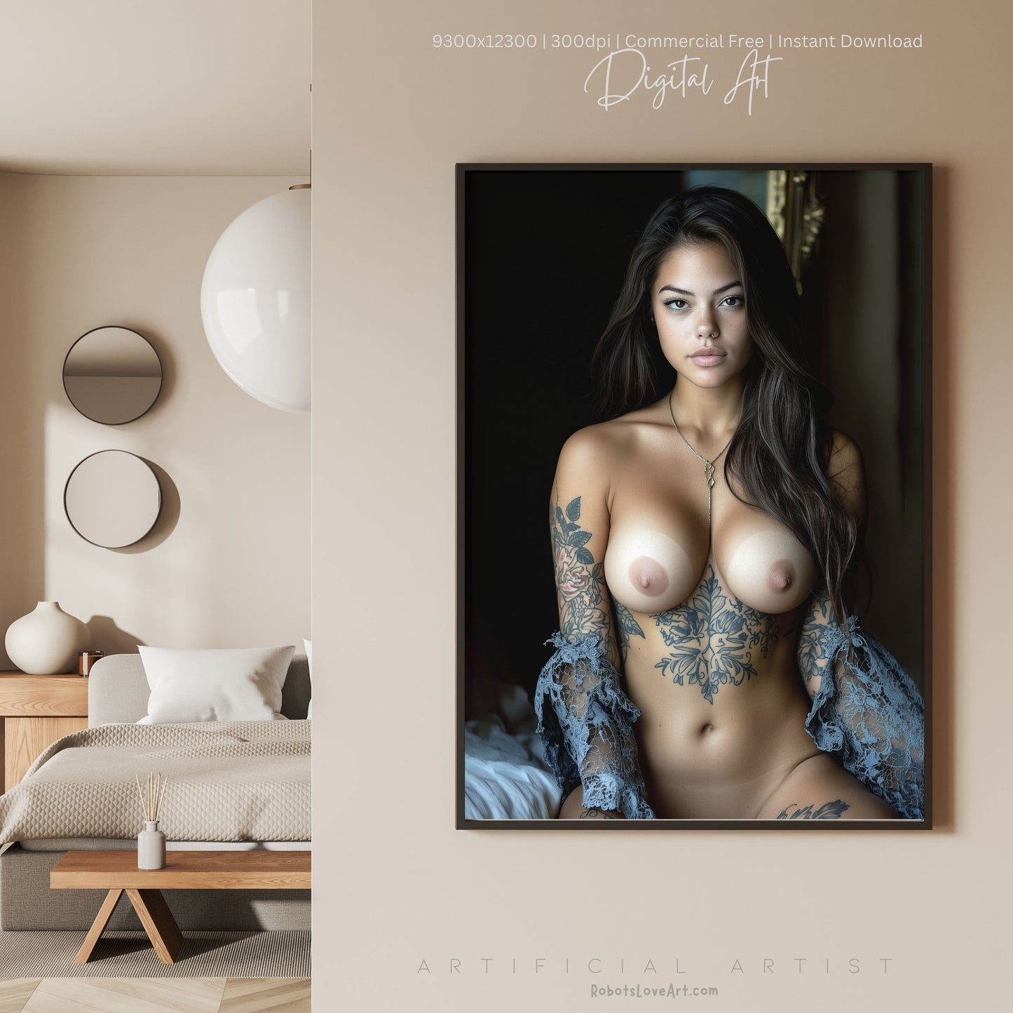 Topless Blue Lace in Bed | Instant Download | Fantasy Digital AI Art | Big Boobs Beautiful