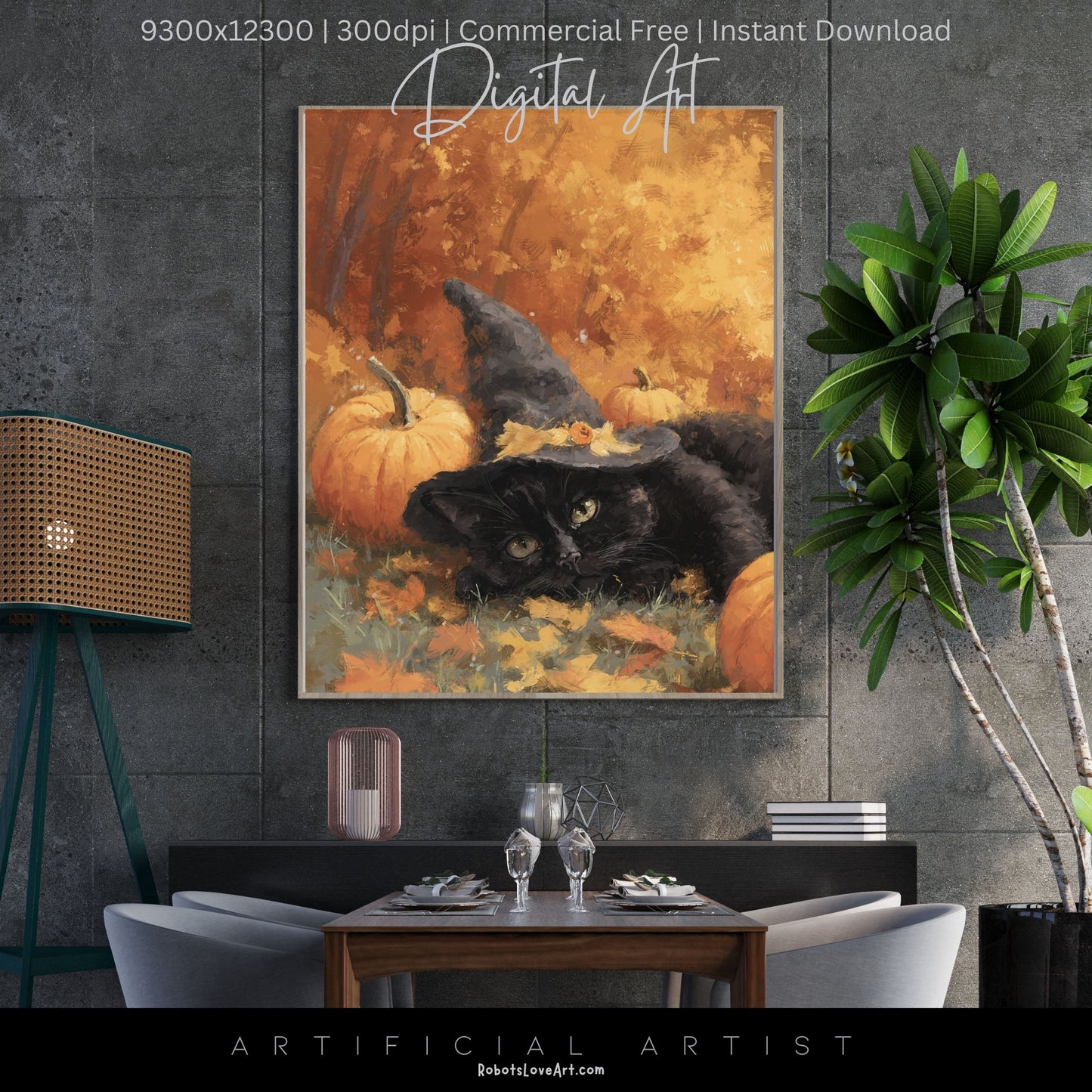 Black Halloween Witch’s Cat | Instant Download | Digital AI Art | Halloween Wall Art | Fall Decor