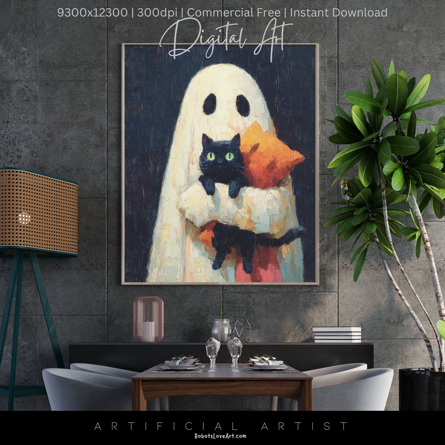 Ghost Cat | Instant Download | Digital AI Art | Halloween Wall Art | Cute Halloween