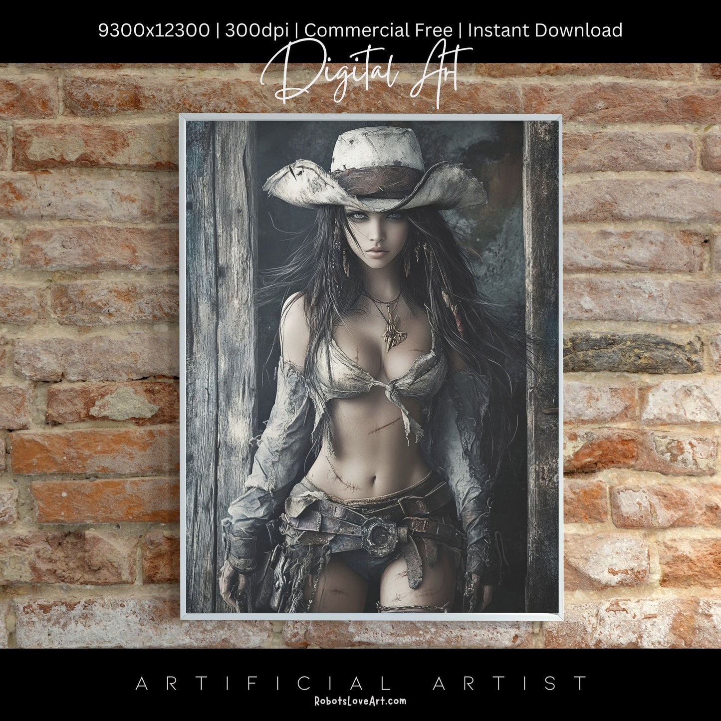 Ready to Draw Girl | Instant Download | Fantasy Digital AI Art | Hot Cowgirl