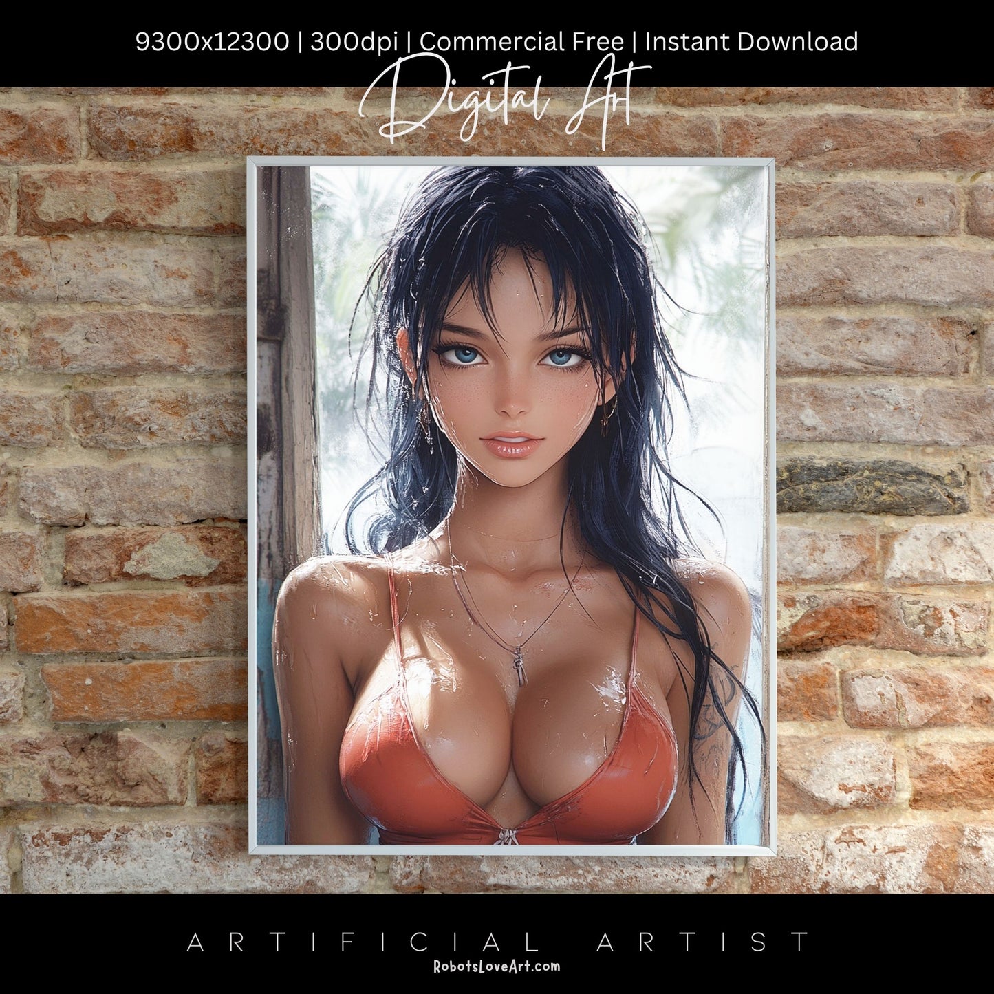 Anime Busty Beauty Blue Eyes in Orange Bikini | Instant Download | Fantasy Digital AI Art