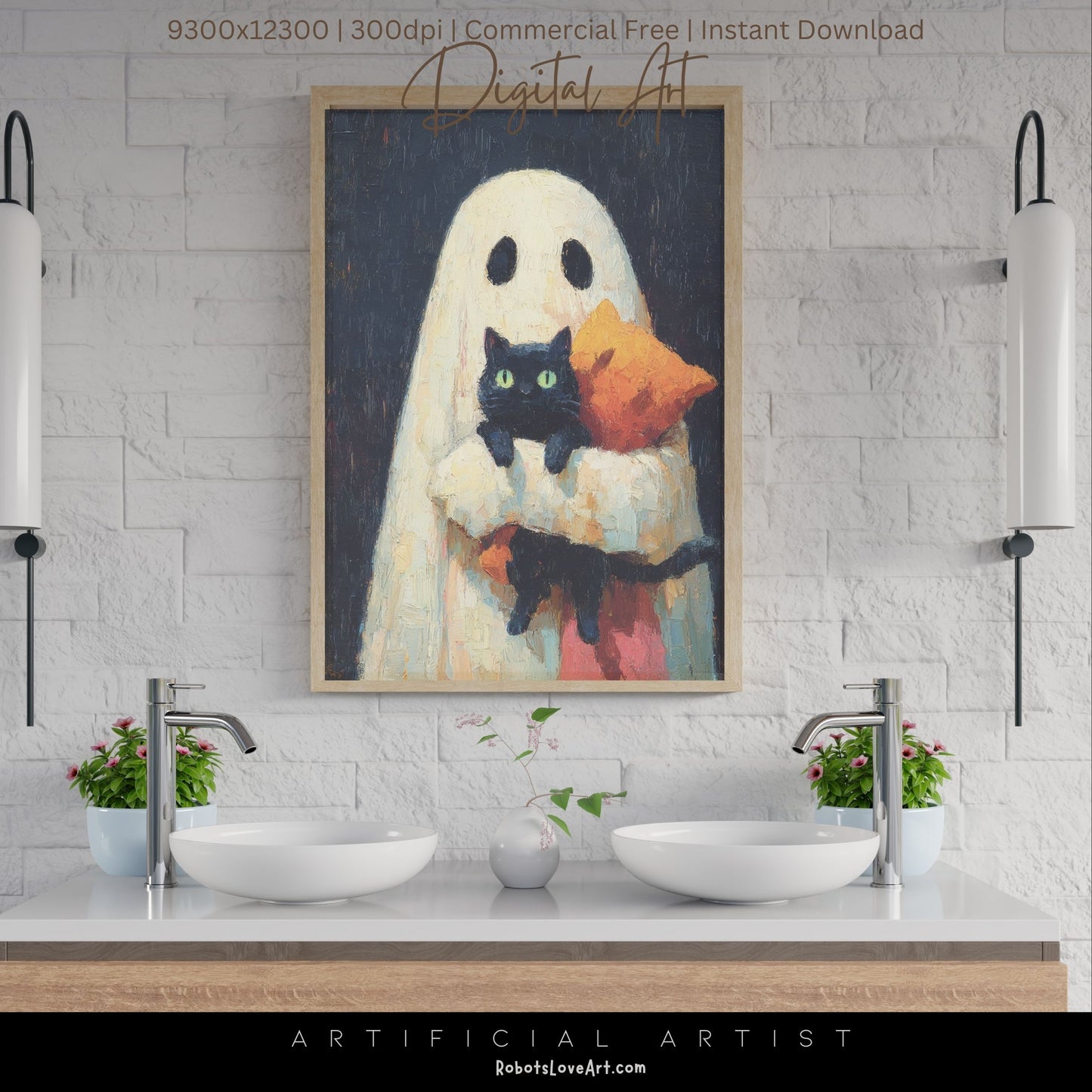 Ghost Cat | Instant Download | Digital AI Art | Halloween Wall Art | Cute Halloween