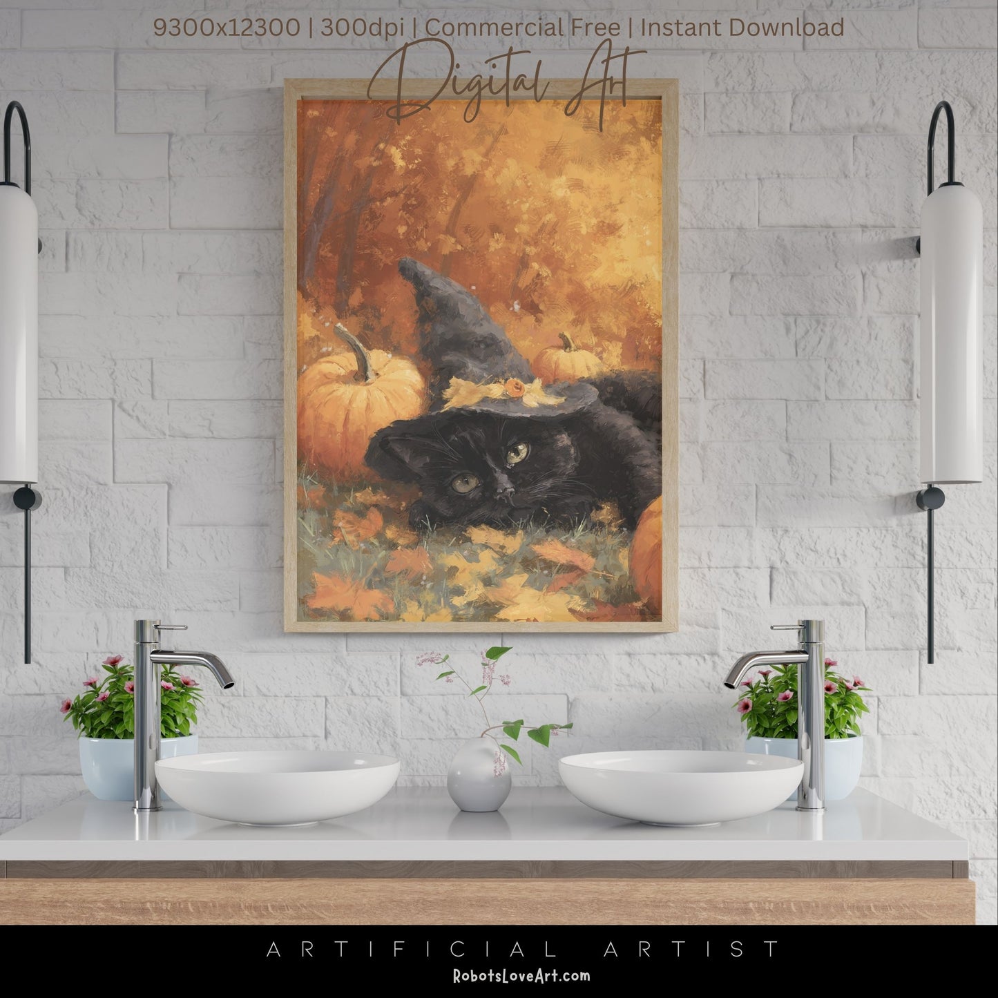 Black Halloween Witch’s Cat | Instant Download | Digital AI Art | Halloween Wall Art | Fall Decor