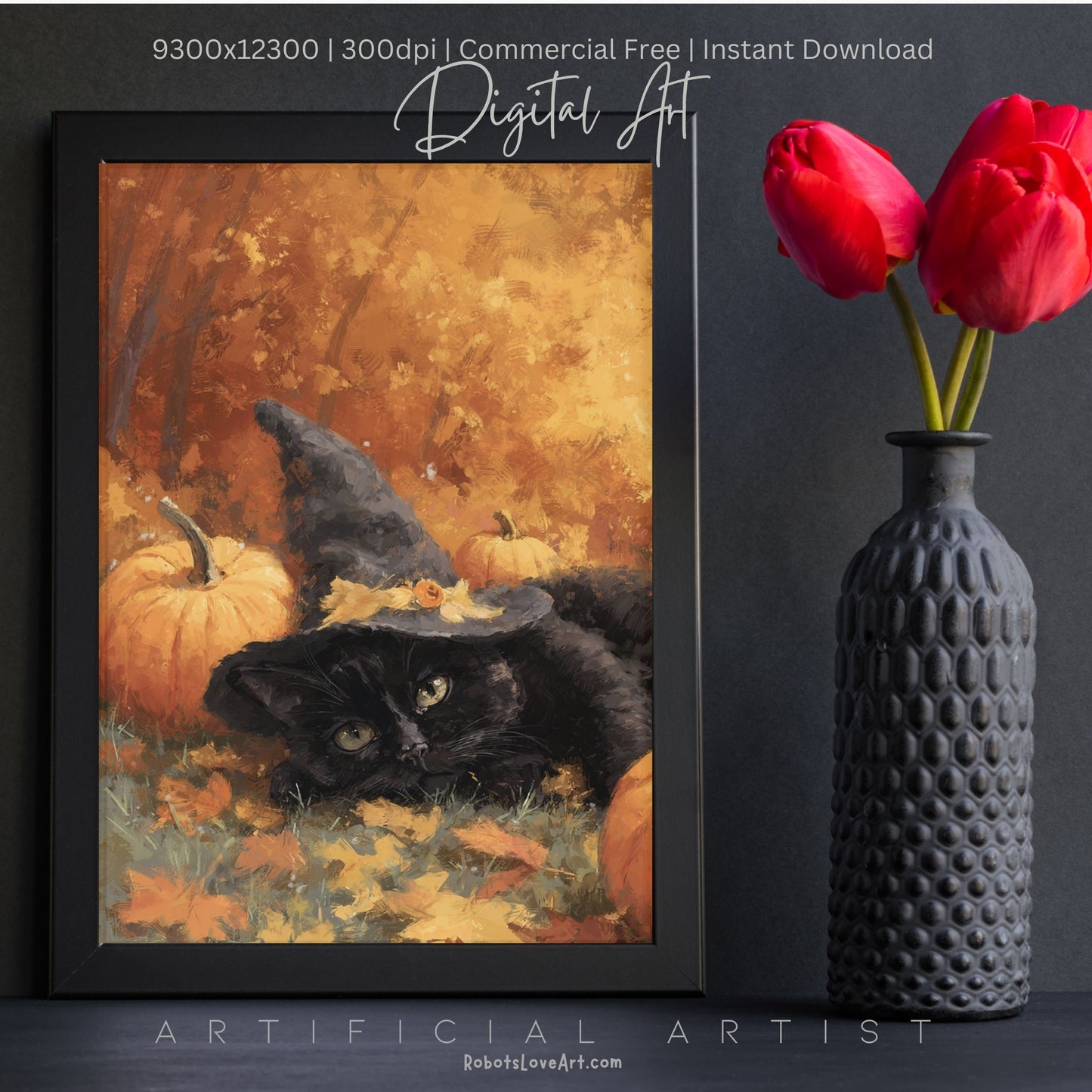 Black Halloween Witch’s Cat | Instant Download | Digital AI Art | Halloween Wall Art | Fall Decor