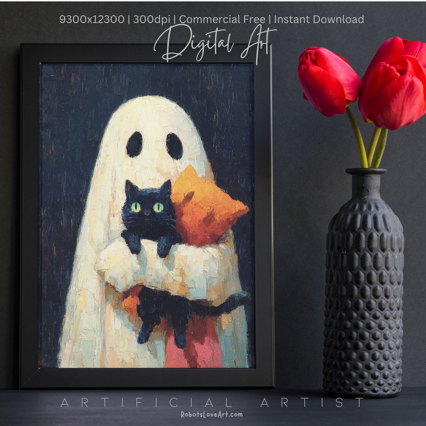 Ghost Cat | Instant Download | Digital AI Art | Halloween Wall Art | Cute Halloween