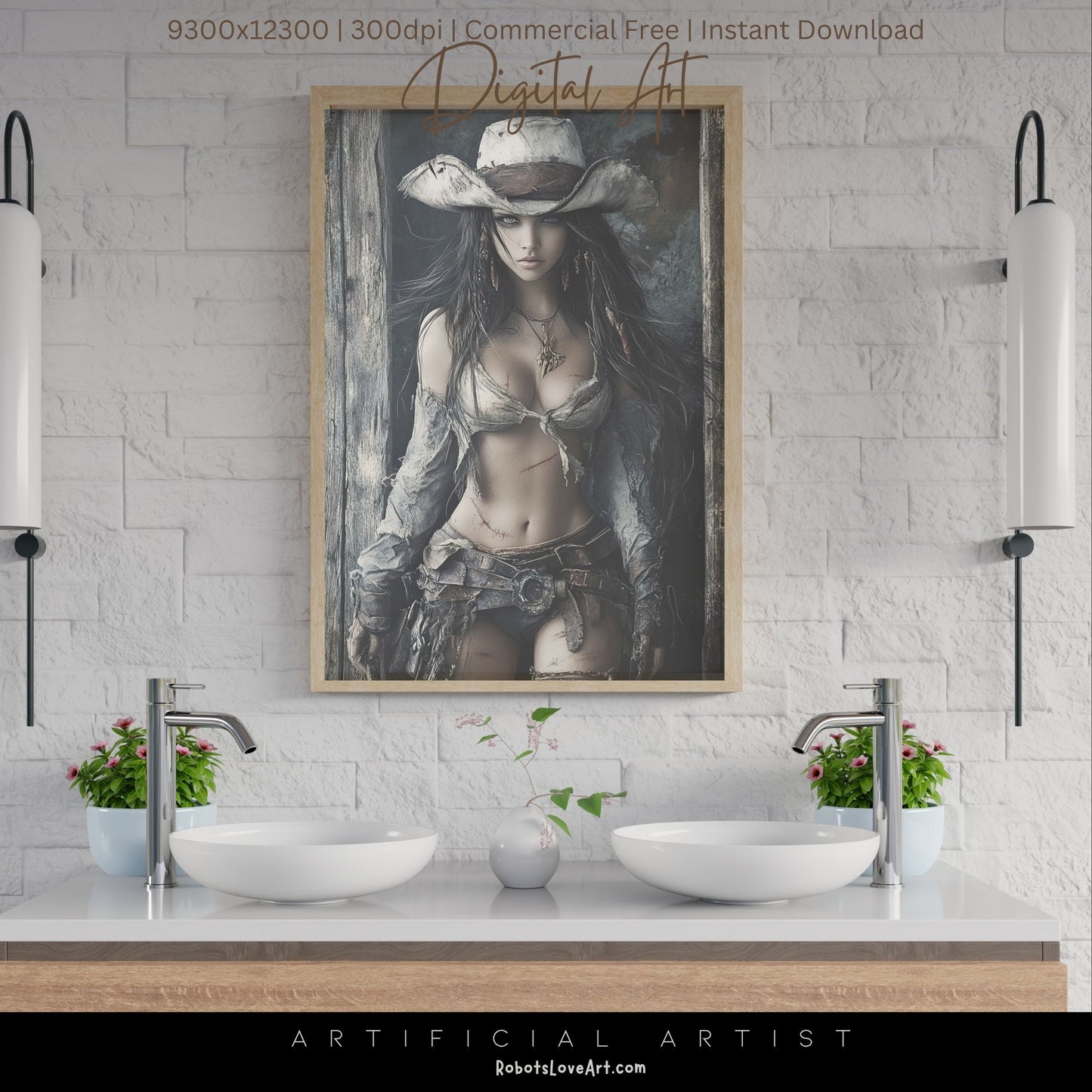 Ready to Draw Girl | Instant Download | Fantasy Digital AI Art | Hot Cowgirl