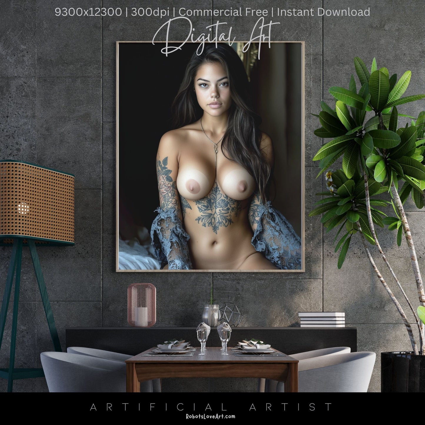Topless Blue Lace in Bed | Instant Download | Fantasy Digital AI Art | Big Boobs Beautiful