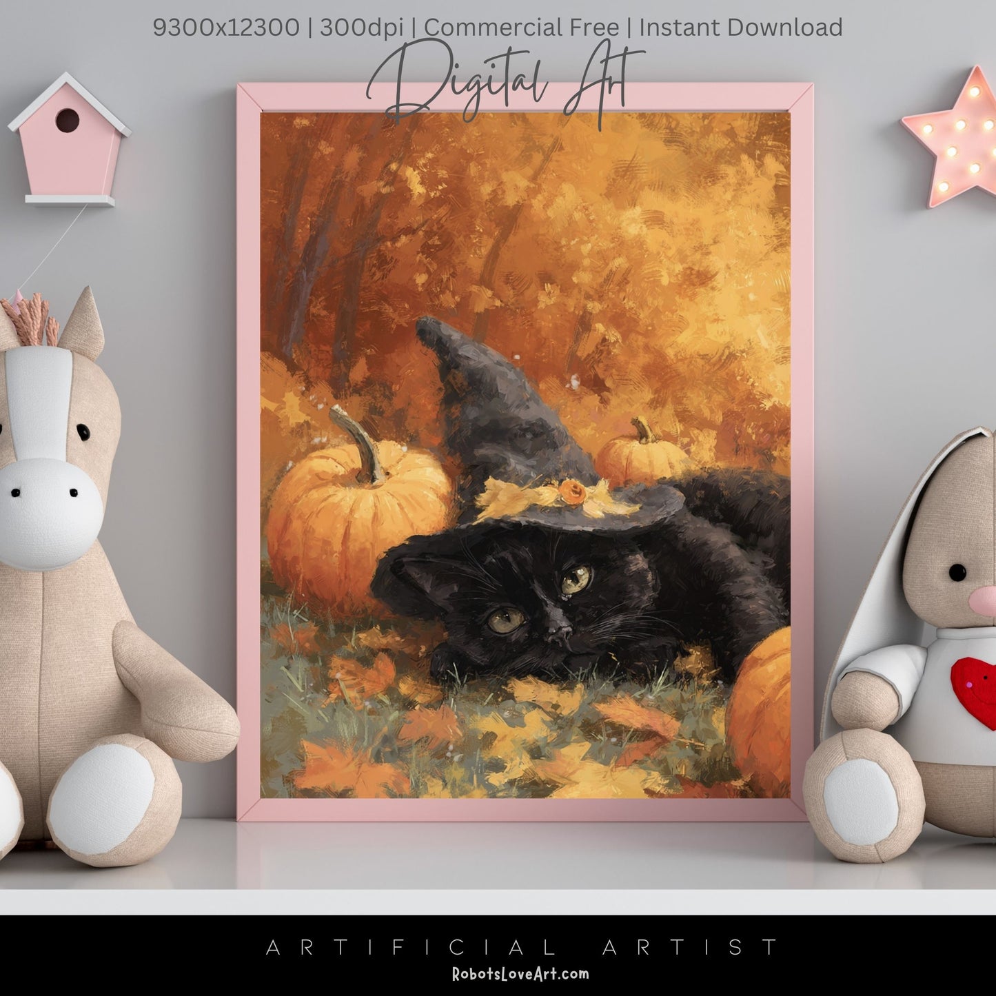 Black Halloween Witch’s Cat | Instant Download | Digital AI Art | Halloween Wall Art | Fall Decor