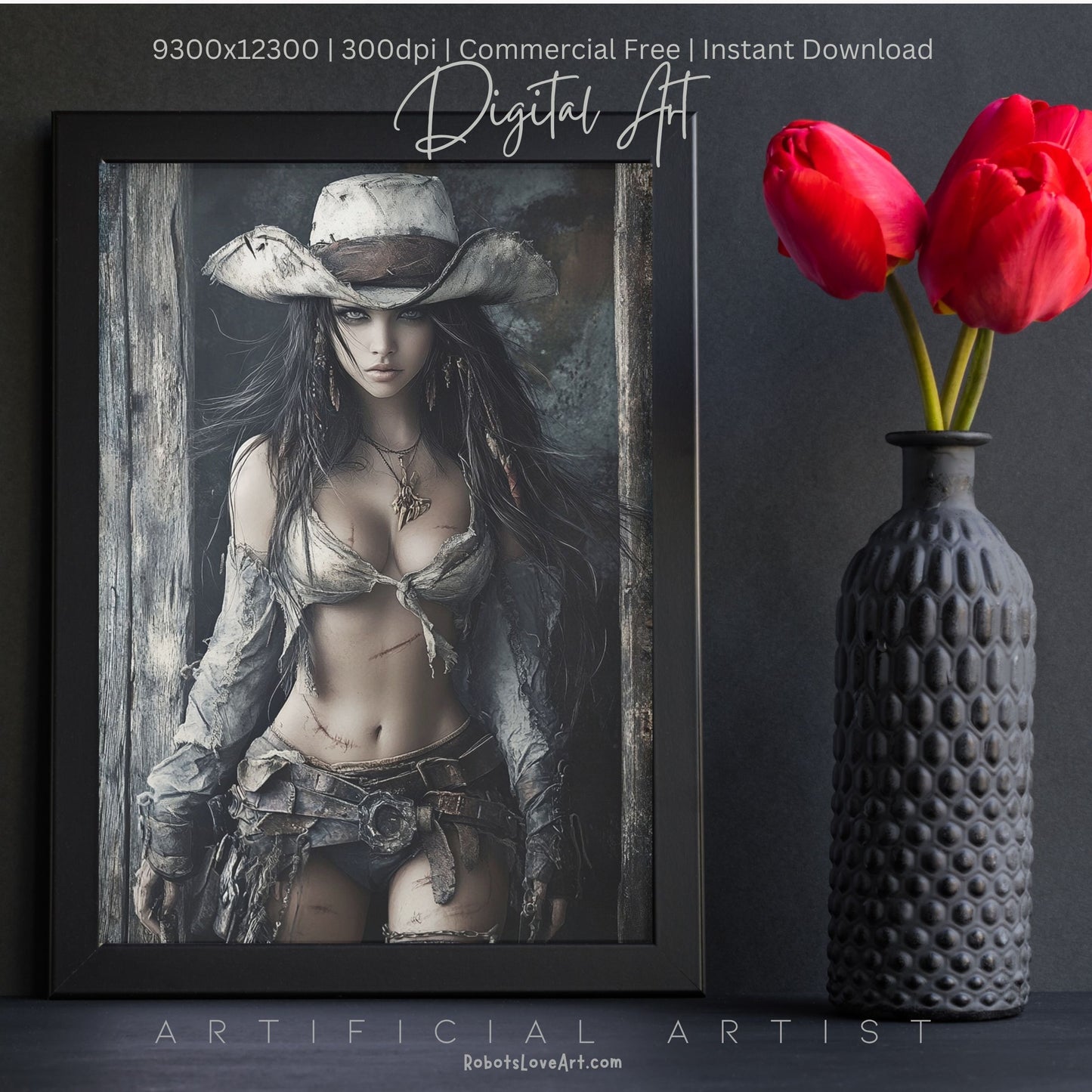 Ready to Draw Girl | Instant Download | Fantasy Digital AI Art | Hot Cowgirl