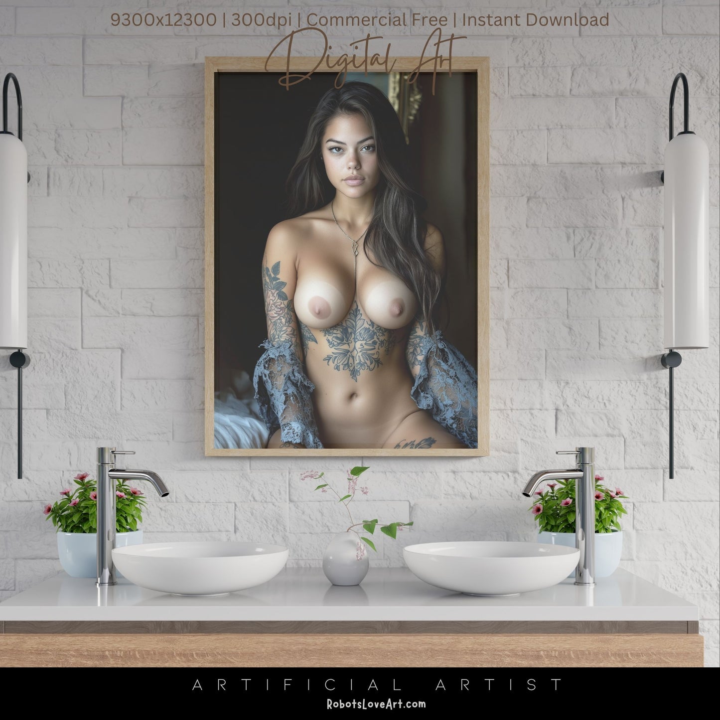 Topless Blue Lace in Bed | Instant Download | Fantasy Digital AI Art | Big Boobs Beautiful