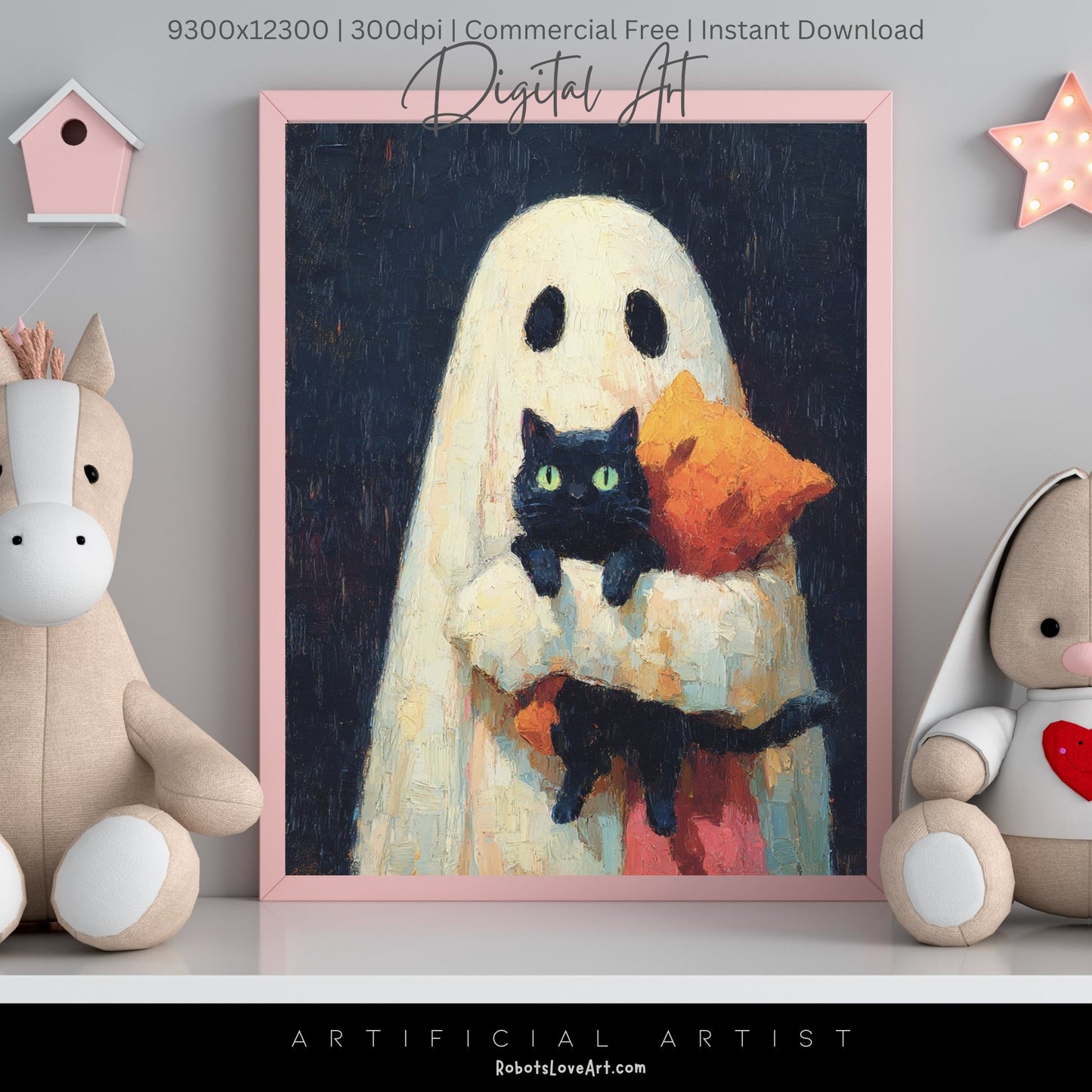 Ghost Cat | Instant Download | Digital AI Art | Halloween Wall Art | Cute Halloween
