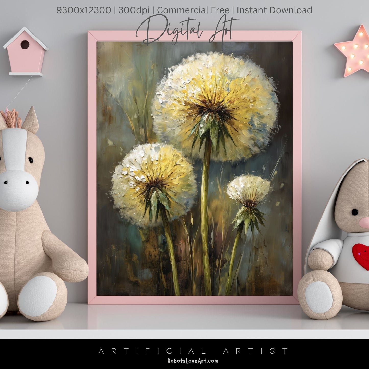 Wild Country Dandelion Portrait | Instant Download | Digital AI Art | Homestead Decor