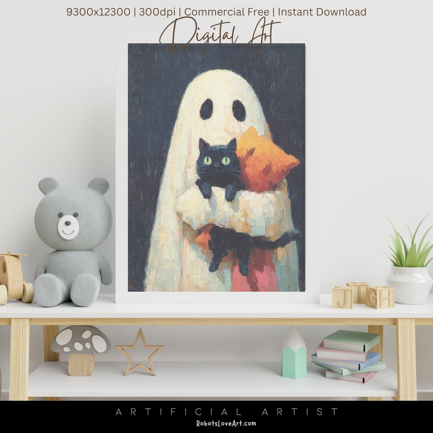 Ghost Cat | Instant Download | Digital AI Art | Halloween Wall Art | Cute Halloween