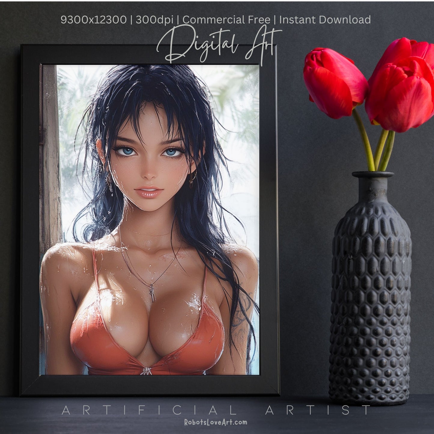 Anime Busty Beauty Blue Eyes in Orange Bikini | Instant Download | Fantasy Digital AI Art