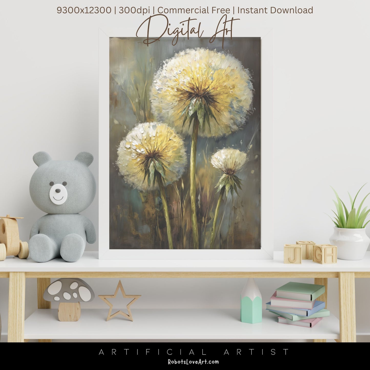 Wild Country Dandelion Portrait | Instant Download | Digital AI Art | Homestead Decor