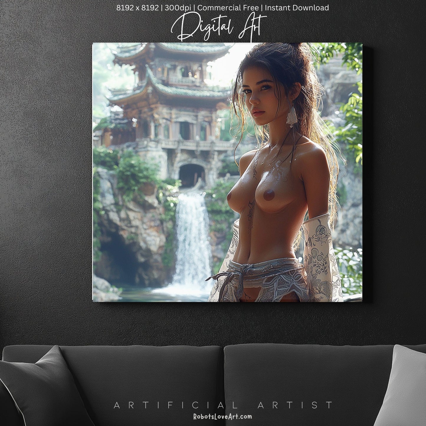 Beautiful Oriental Dwelling w Hot Topless Babe | Instant Download | Sexy Digital AI Art