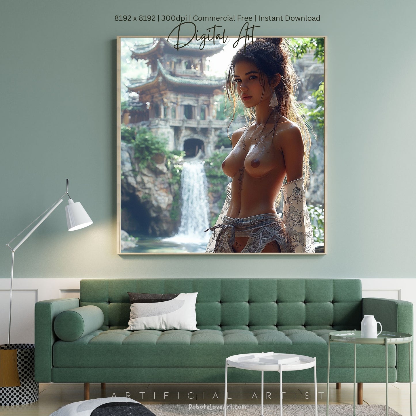 Beautiful Oriental Dwelling w Hot Topless Babe | Instant Download | Sexy Digital AI Art