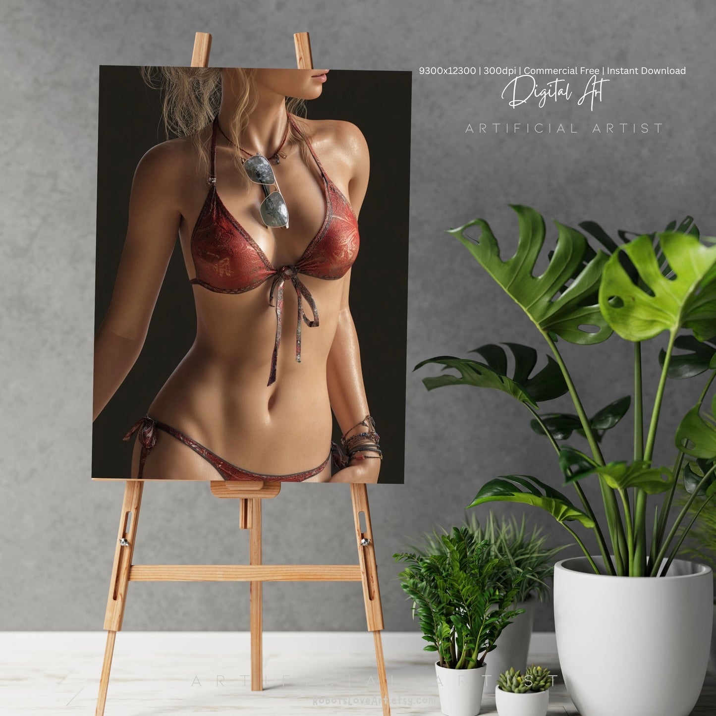 Red Bikini and Sunglaases | Hot Sexy Babe | Instant Download | Digital AI Art