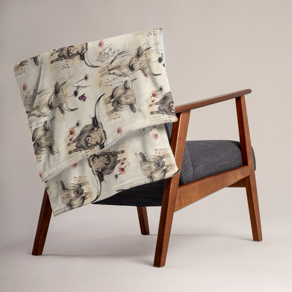 Girl Grunge Country Highland Cow Pattern Throw Blanket | 2 Sizes