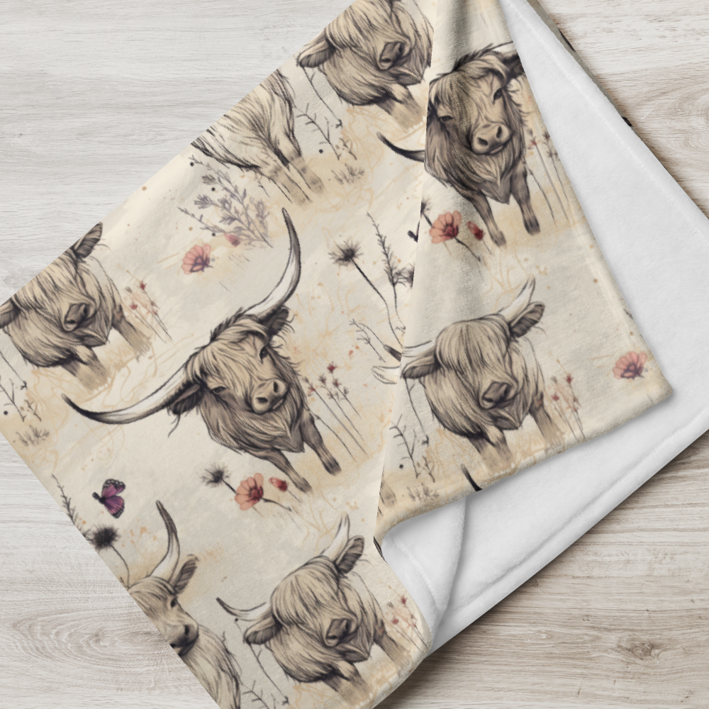 Girl Grunge Country Highland Cow Pattern Throw Blanket | 2 Sizes