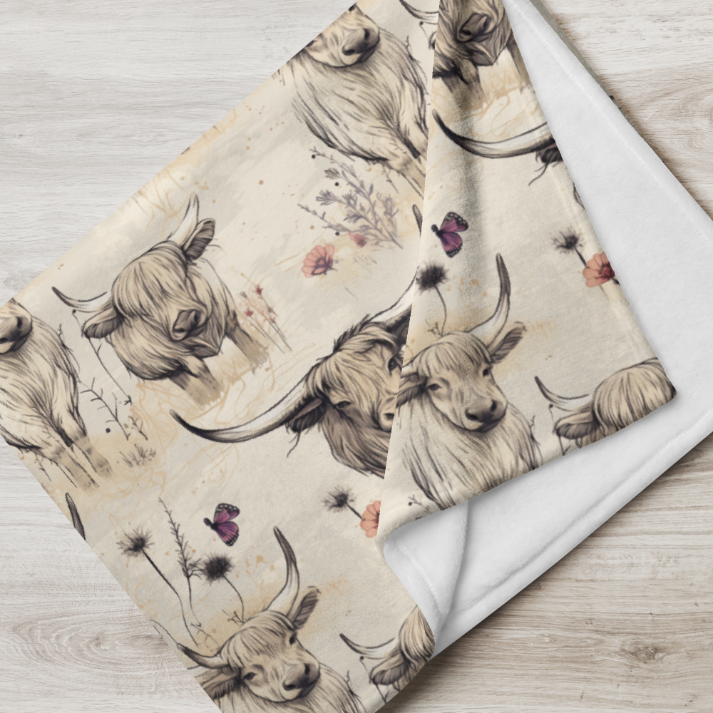Girl Grunge Country Highland Cow Pattern Throw Blanket | 2 Sizes