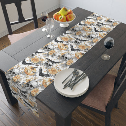 Halloween Themed Table Runner, Spooky Decor for Fall, Gothic Home Accents, Pumpkin and Skull Design, Perfect for Parties