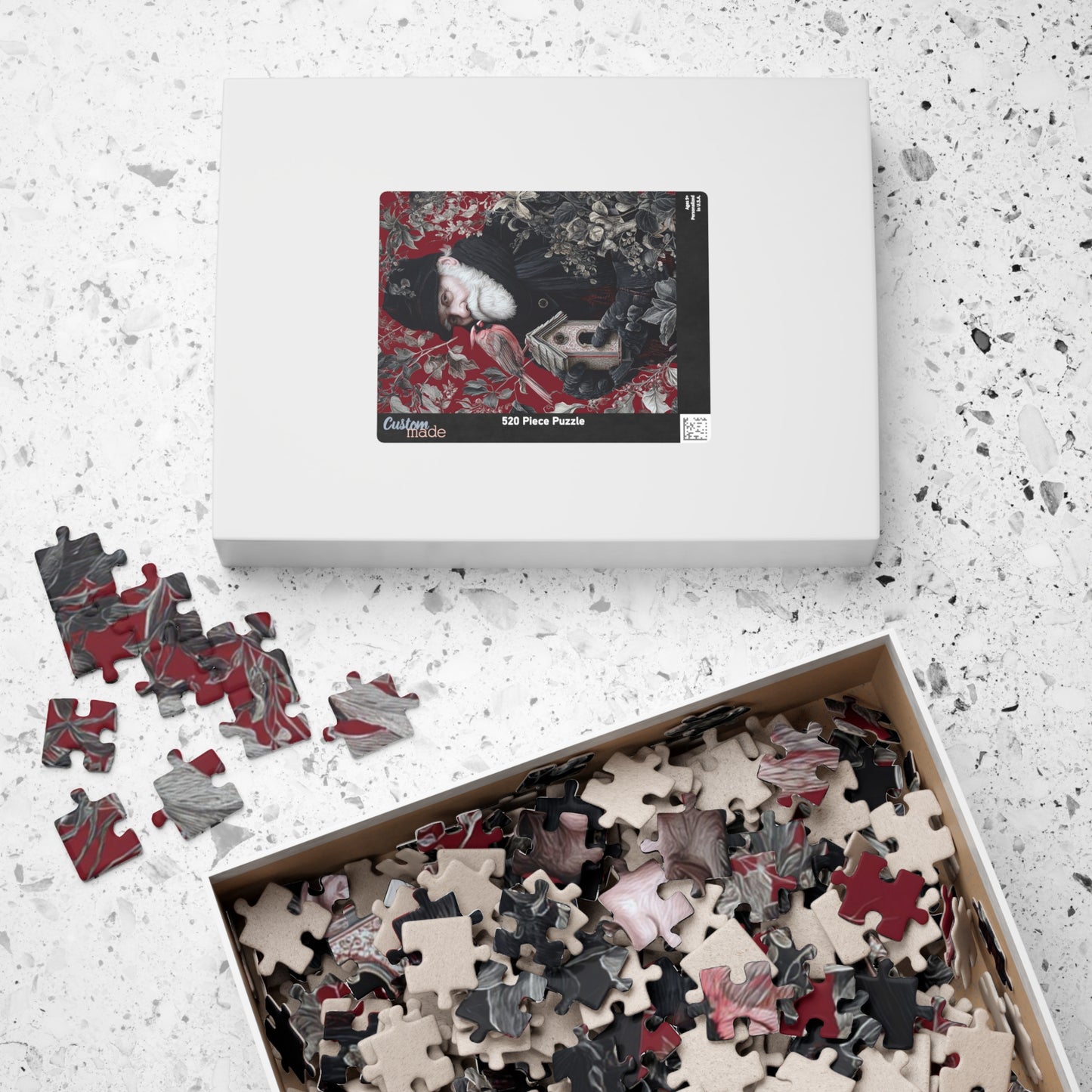 Puzzle - Wise Old Man with Birdhouse on Red Floral Background