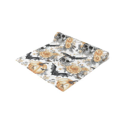 Halloween Themed Table Runner, Spooky Decor for Fall, Gothic Home Accents, Pumpkin and Skull Design, Perfect for Parties
