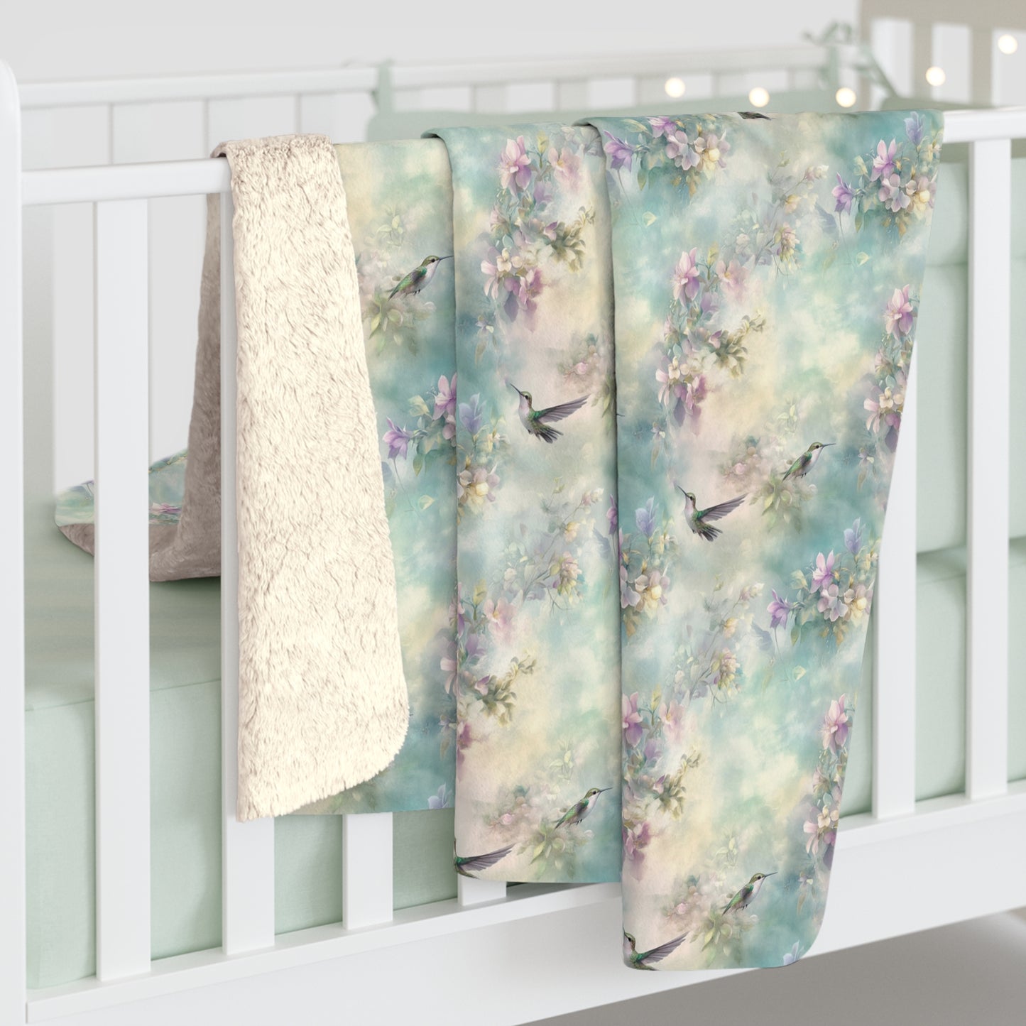 Sherpa Fleece Blanket - Soft Turquoise Hummingbirds