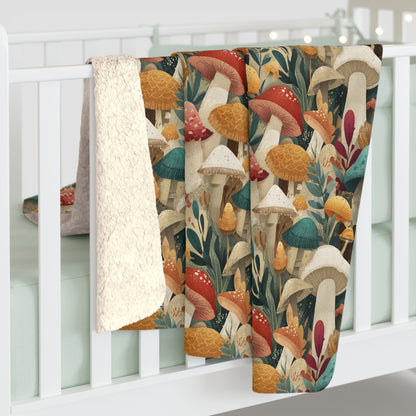 Cozy Mushroom Pattern Sherpa Fleece Blanket | Perfect for Fall, Home Décor, Gift for Nature Lovers, Cozy Nights, Outdoor Adventures