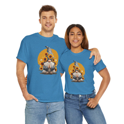 Sunflower and Yoga Gnome Unisex Heavy Cotton Tee - Boho Style, Eco-Friendly Apparel, Casual Wear, Unique Art Tee