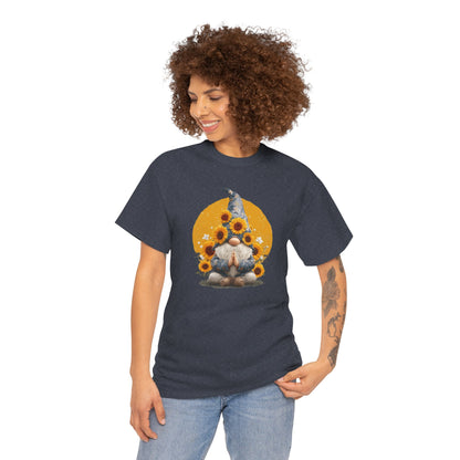Sunflower and Yoga Gnome Unisex Heavy Cotton Tee - Boho Style, Eco-Friendly Apparel, Casual Wear, Unique Art Tee