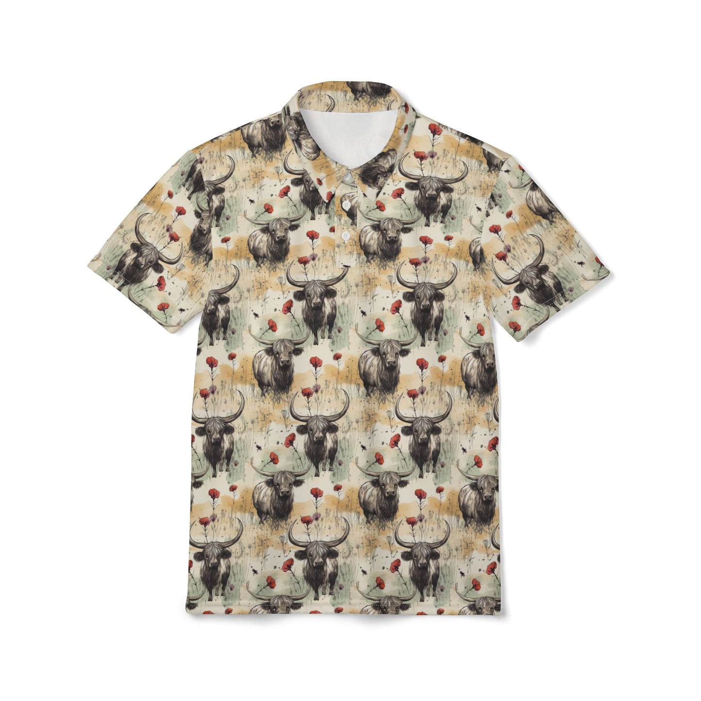 Retro Grunge Highland Cow Pattern Unisex Polo Shirt, Casual Summer Wear