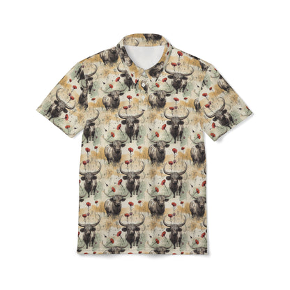 Retro Grunge Highland Cow Pattern Unisex Polo Shirt, Casual Summer Wear