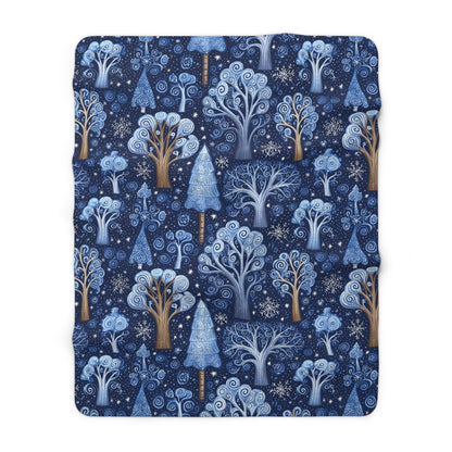 Sherpa Fleece Blanket - Dreamy Blue Starry Night Midnight Trees Design