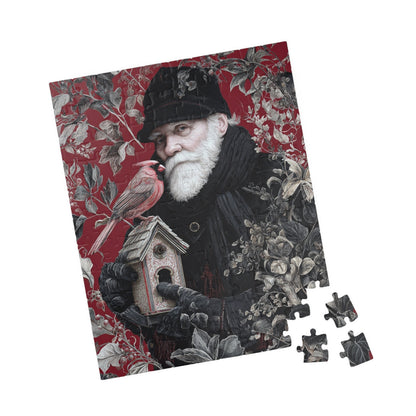 Puzzle - Wise Old Man with Birdhouse on Red Floral Background
