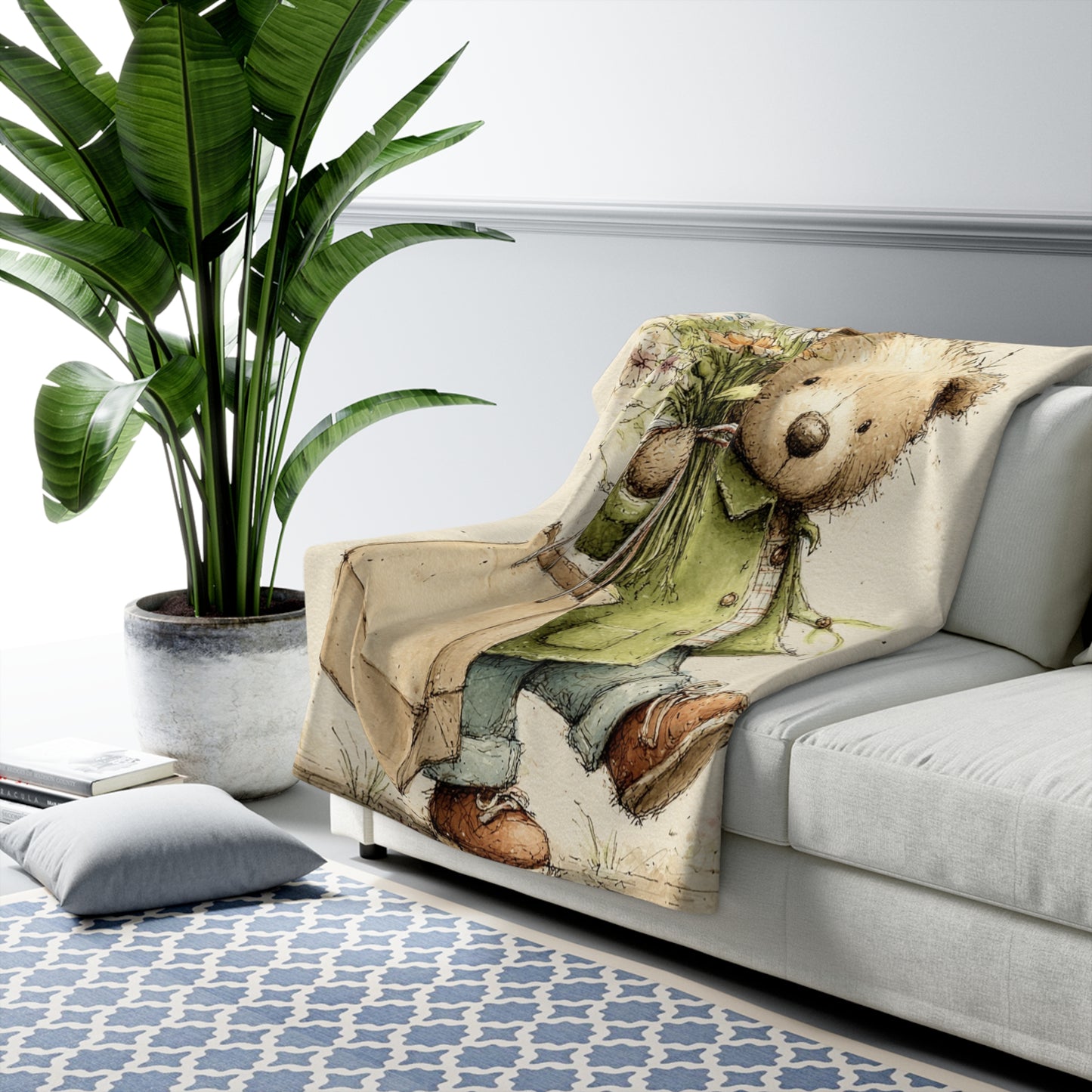 Cozy Floral Bear Sherpa Fleece Blanket, Soft Baby Blanket, Kids Blanket, Nursery Decor, Gift for Paddington Bear Fans