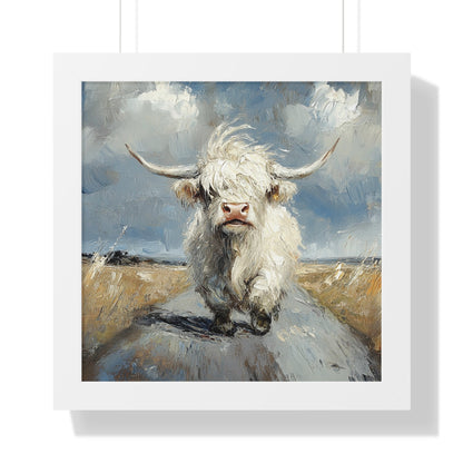 Poster - Cute White Highland Cow Running Down Road Escapee