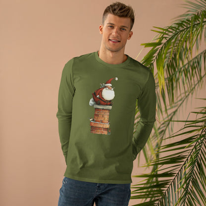 Festive Men’s Base Longsleeve Tee, Christmas Shirt, Santa in Chimney Design