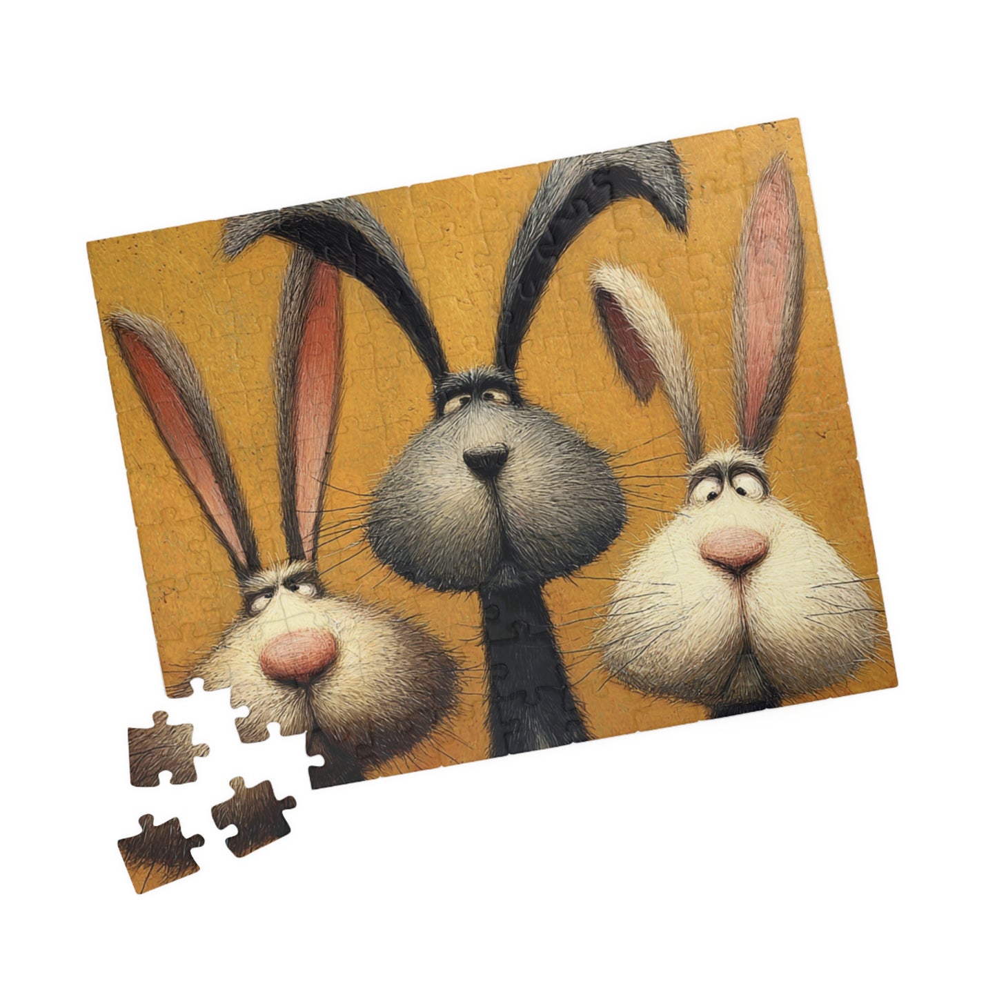 Puzzle - 3 Funny Rabbit Friends on Burnt Orange Background
