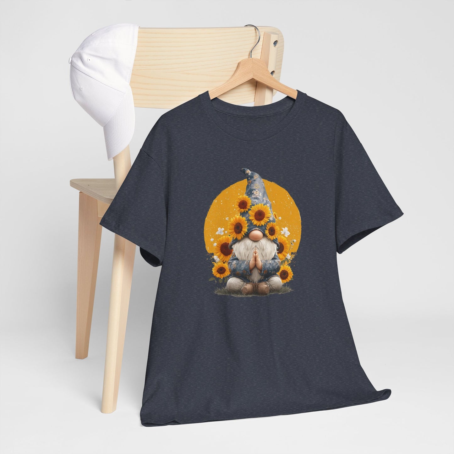 Sunflower and Yoga Gnome Unisex Heavy Cotton Tee - Boho Style, Eco-Friendly Apparel, Casual Wear, Unique Art Tee