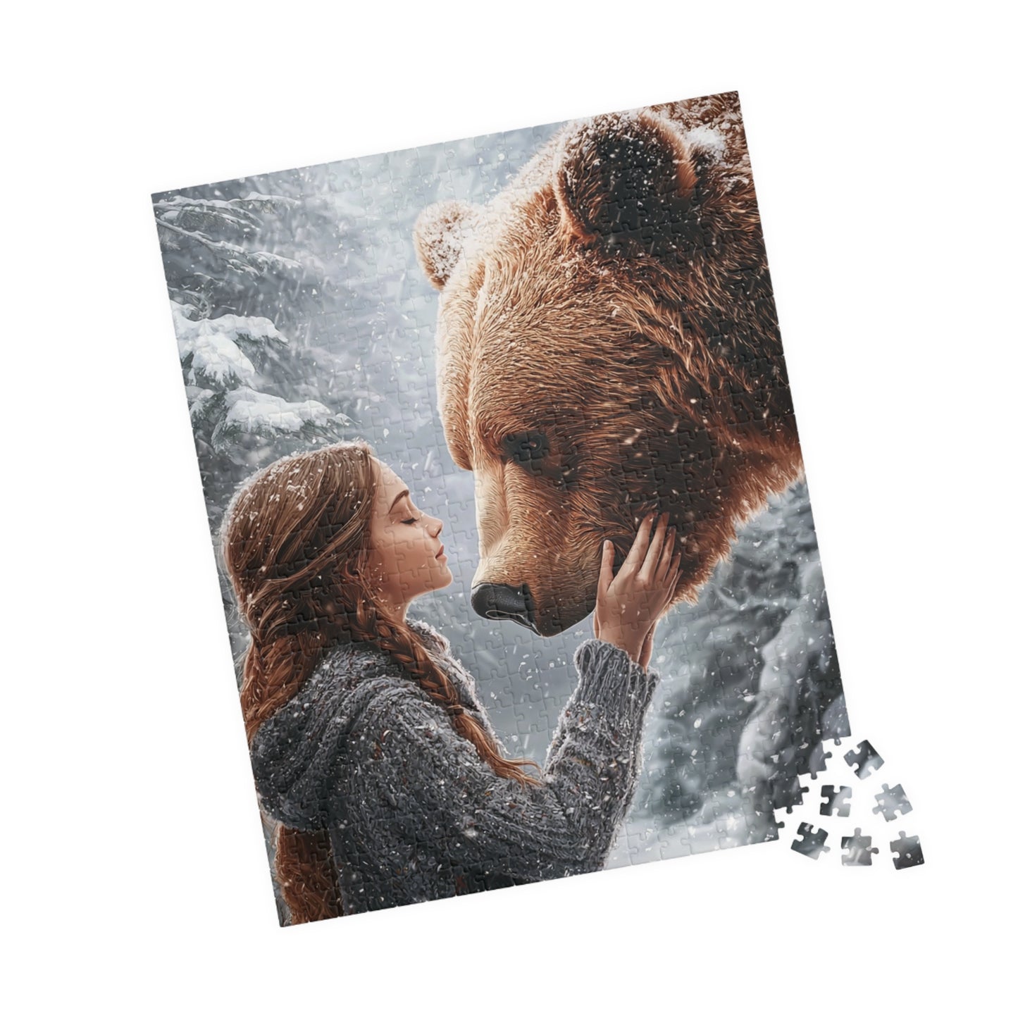 Nature-Inspired Puzzle, Wildlife Puzzle, Bear and Girl Artwork, Eco-Friendly Gift, Family Activity, Snowy Scene Decor