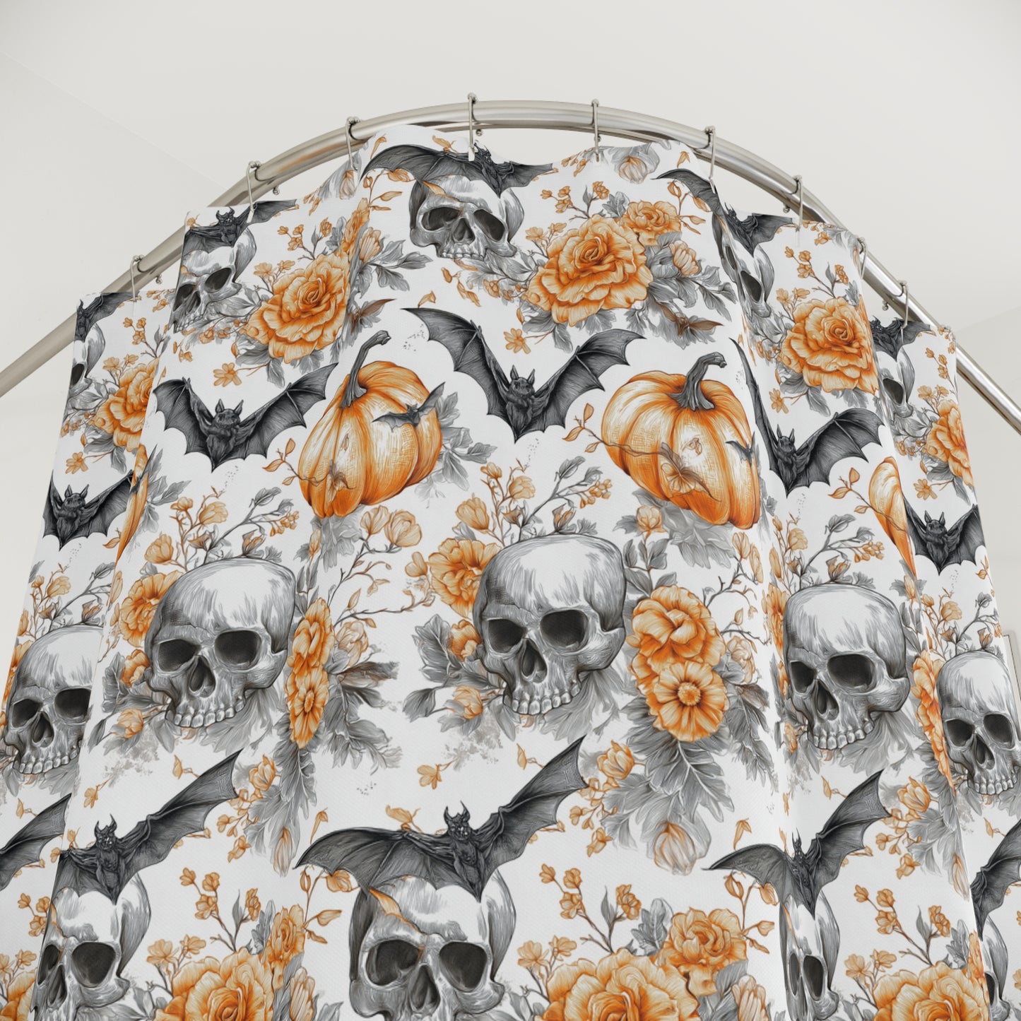 Spooky Floral Shower Curtain with Skulls and Pumpkins, Halloween Decor, Bathroom Accessory, Gift for Halloween Lovers