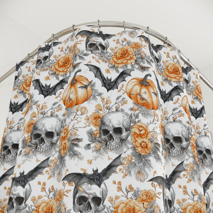 Spooky Floral Shower Curtain with Skulls and Pumpkins, Halloween Decor, Bathroom Accessory, Gift for Halloween Lovers