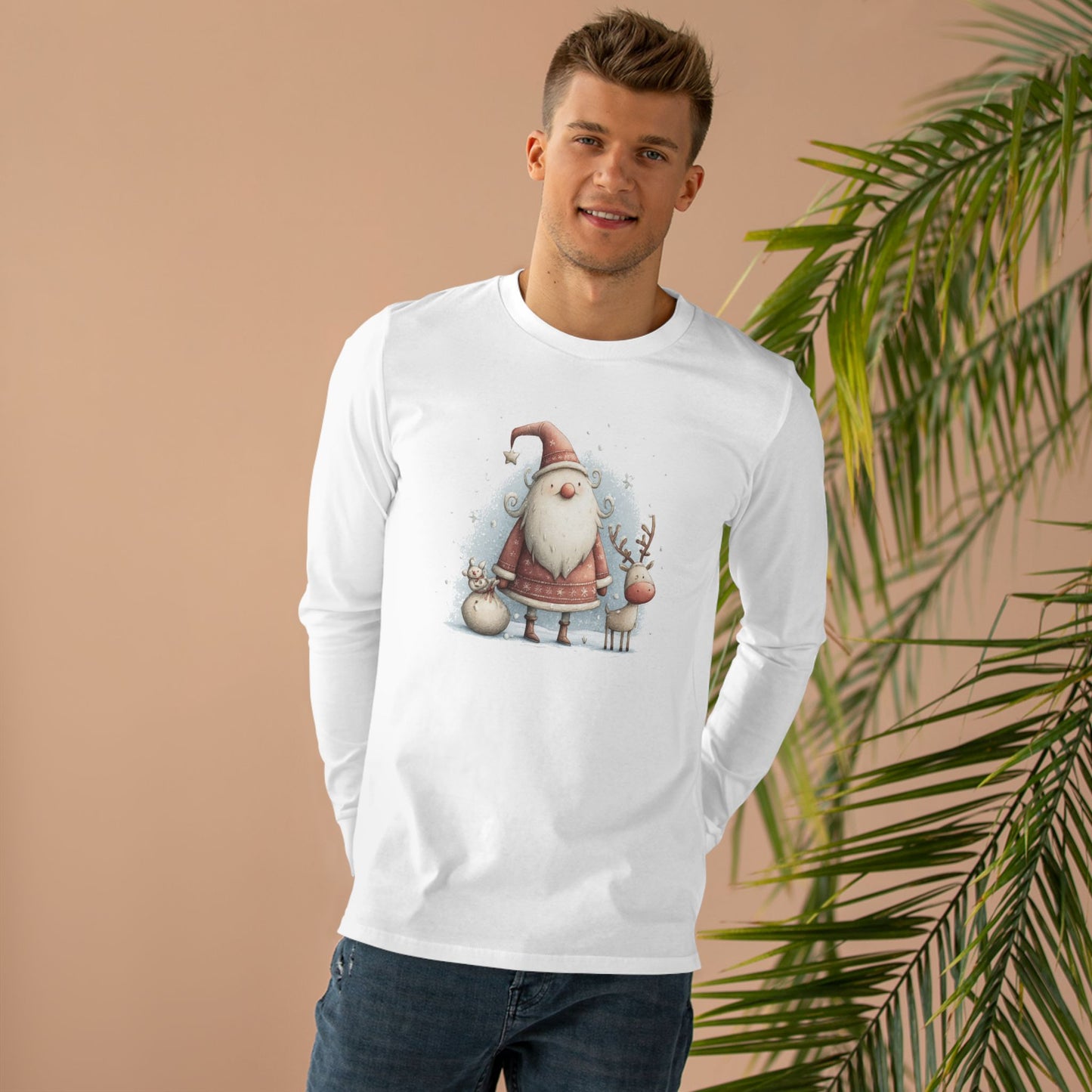 Santa & Reindeer Longsleeve Tee, Christmas Shirt, Holiday Gift, Men's Winter Apparel, Festive Long Sleeve