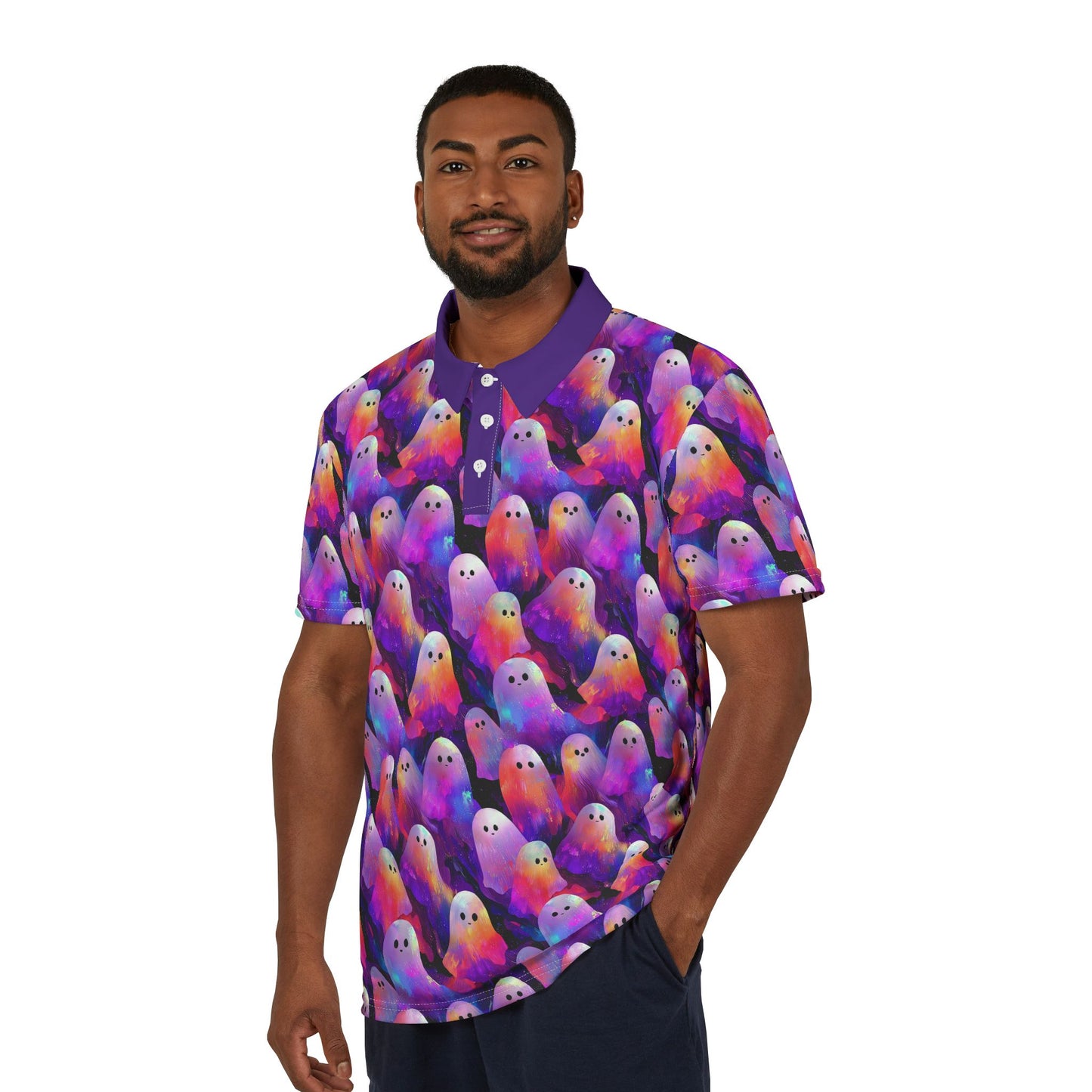 Vibrant Ghosts Unisex Polo Shirt, Colorful Summer Tee, Trendy Casual Wear, Unique Gifts, Halloween Style, Fun Outdoor Shirt