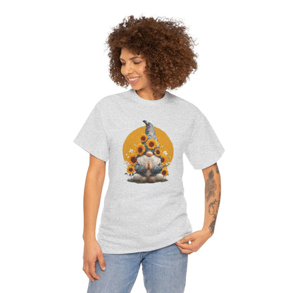 Sunflower and Yoga Gnome Unisex Heavy Cotton Tee - Boho Style, Eco-Friendly Apparel, Casual Wear, Unique Art Tee